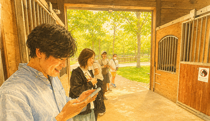 ノーザンホースパークの厩舎で馬を見る皆さん